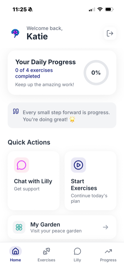 NeuroBloom home screen showing Katie's dashboard with daily progress, quick actions, and Lilly AI companion